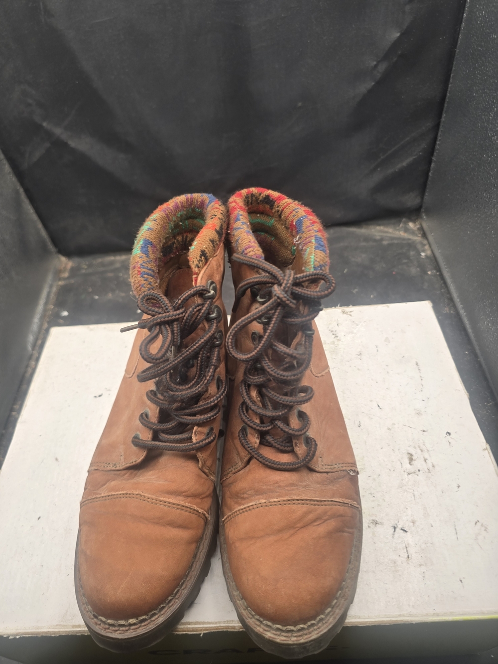 Women's Brown Leather Lace-Up Ankle Boots with Colorful Knit Collar